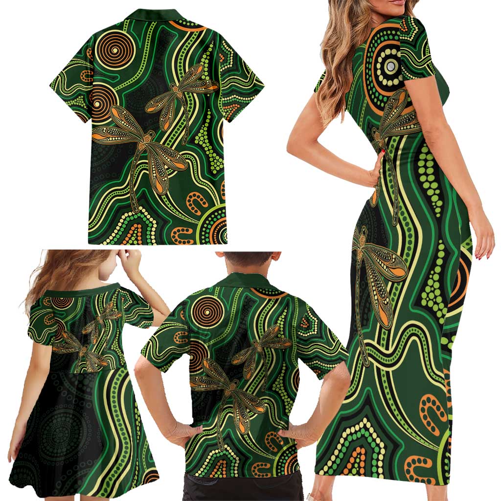 Green Indigenous Dragonfly Australia Family Matching Short Sleeve Bodycon Dress and Hawaiian Shirt Aboriginal Art - Aussie Hoodie