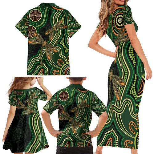 Green Indigenous Dragonfly Australia Family Matching Short Sleeve Bodycon Dress and Hawaiian Shirt Aboriginal Art - Aussie Hoodie