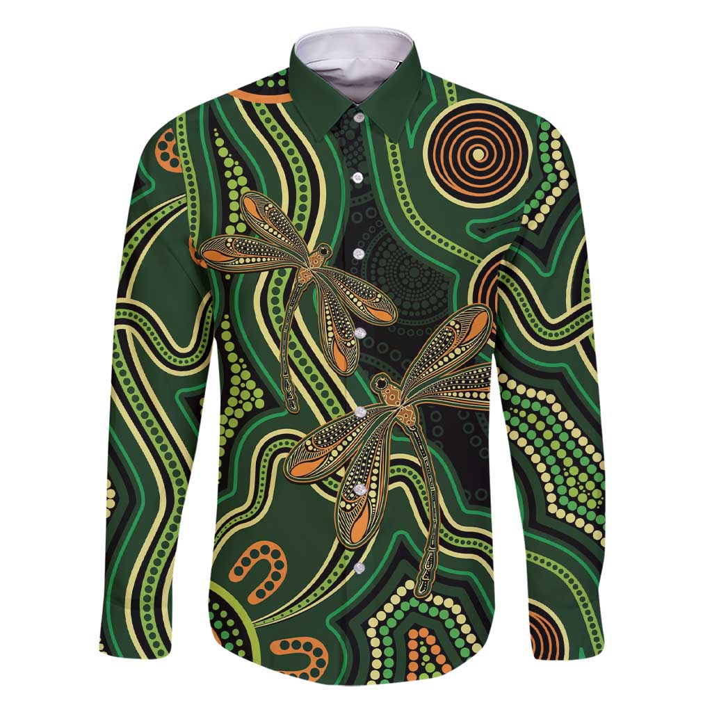 Green Indigenous Dragonfly Australia Family Matching Short Sleeve Bodycon Dress and Hawaiian Shirt Aboriginal Art - Aussie Hoodie
