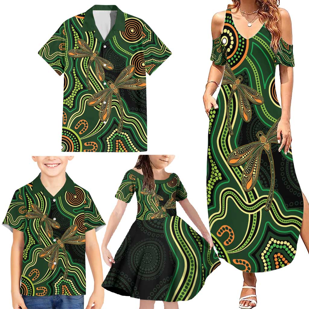Green Indigenous Dragonfly Australia Family Matching Summer Maxi Dress and Hawaiian Shirt Aboriginal Art - Aussie Hoodie