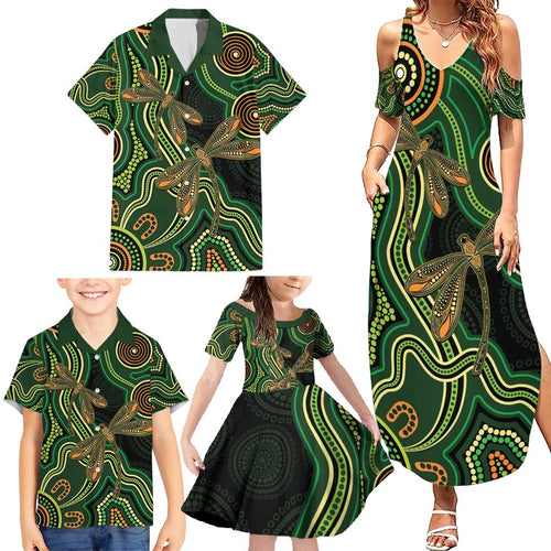 Green Indigenous Dragonfly Australia Family Matching Summer Maxi Dress and Hawaiian Shirt Aboriginal Art - Aussie Hoodie