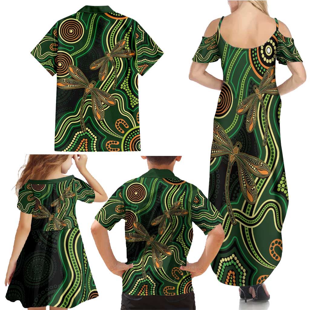 Green Indigenous Dragonfly Australia Family Matching Summer Maxi Dress and Hawaiian Shirt Aboriginal Art - Aussie Hoodie