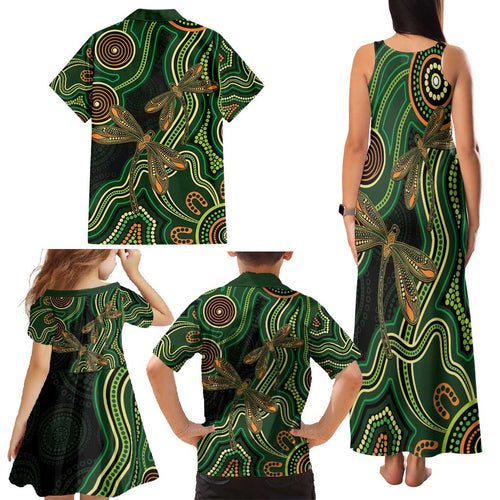 Green Indigenous Dragonfly Australia Family Matching Tank Maxi Dress and Hawaiian Shirt Aboriginal Art - Aussie Hoodie