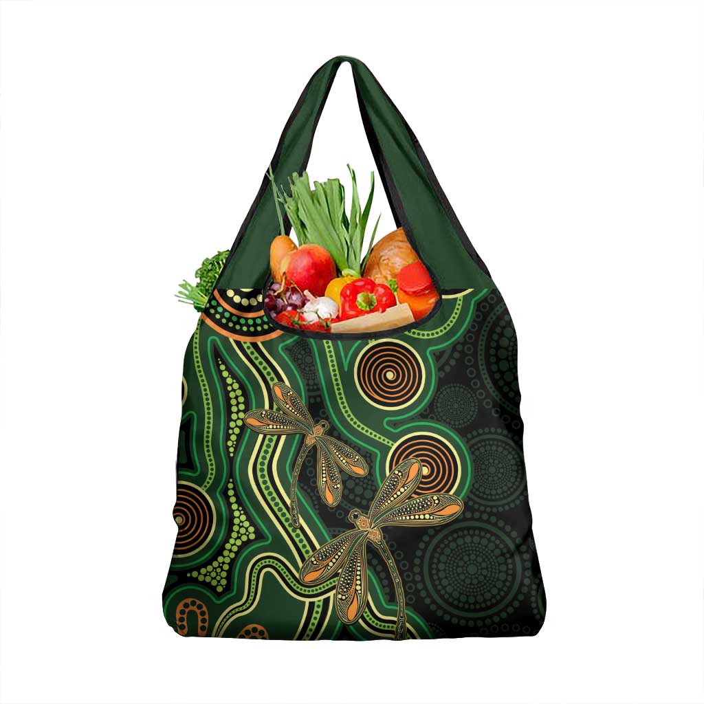 Green Indigenous Dragonfly Australia Grocery Bag Aboriginal Art - Aussie Hoodie