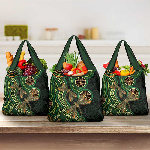 Green Indigenous Dragonfly Australia Grocery Bag Aboriginal Art - Aussie Hoodie