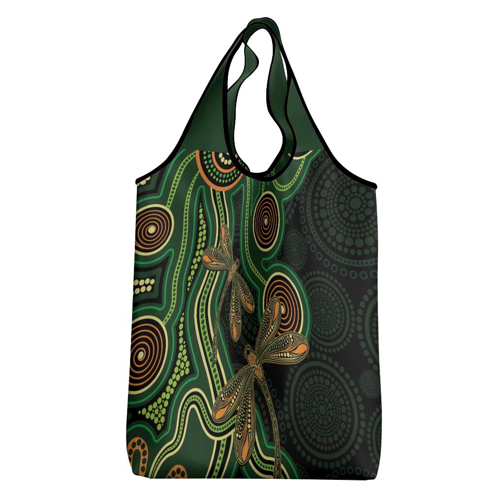 Green Indigenous Dragonfly Australia Grocery Bag Aboriginal Art - Aussie Hoodie