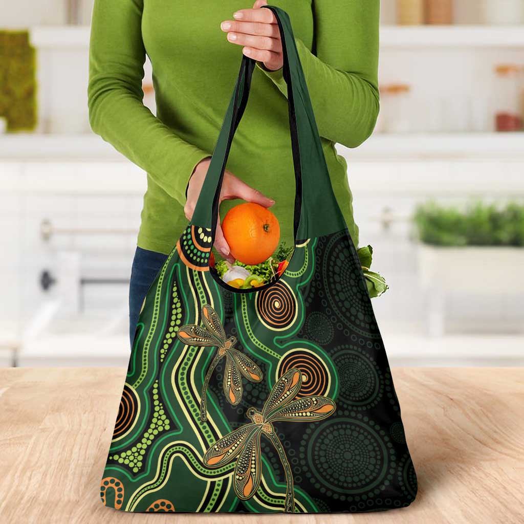 Green Indigenous Dragonfly Australia Grocery Bag Aboriginal Art - Aussie Hoodie
