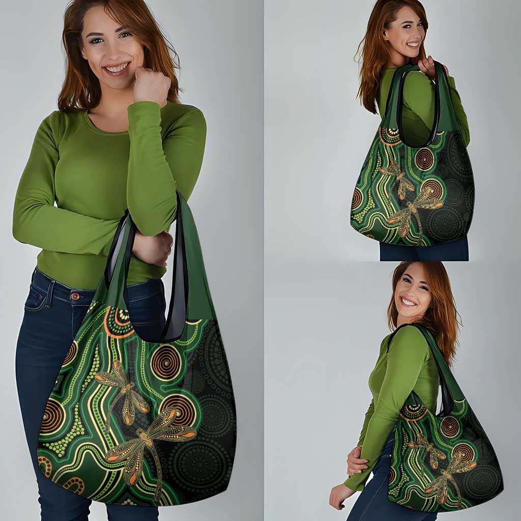 Green Indigenous Dragonfly Australia Grocery Bag Aboriginal Art - Aussie Hoodie