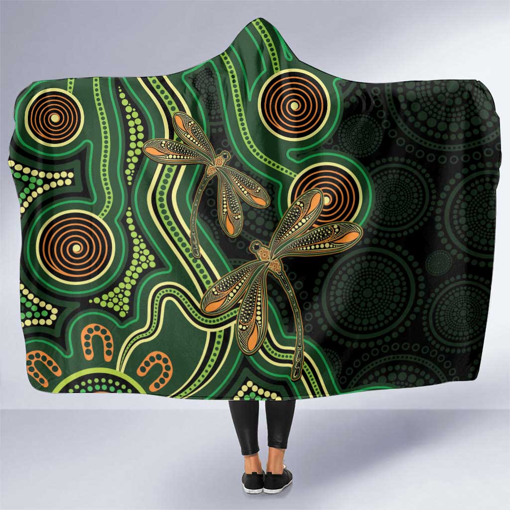 Green Indigenous Dragonfly Australia Hooded Blanket Aboriginal Art - Aussie Hoodie