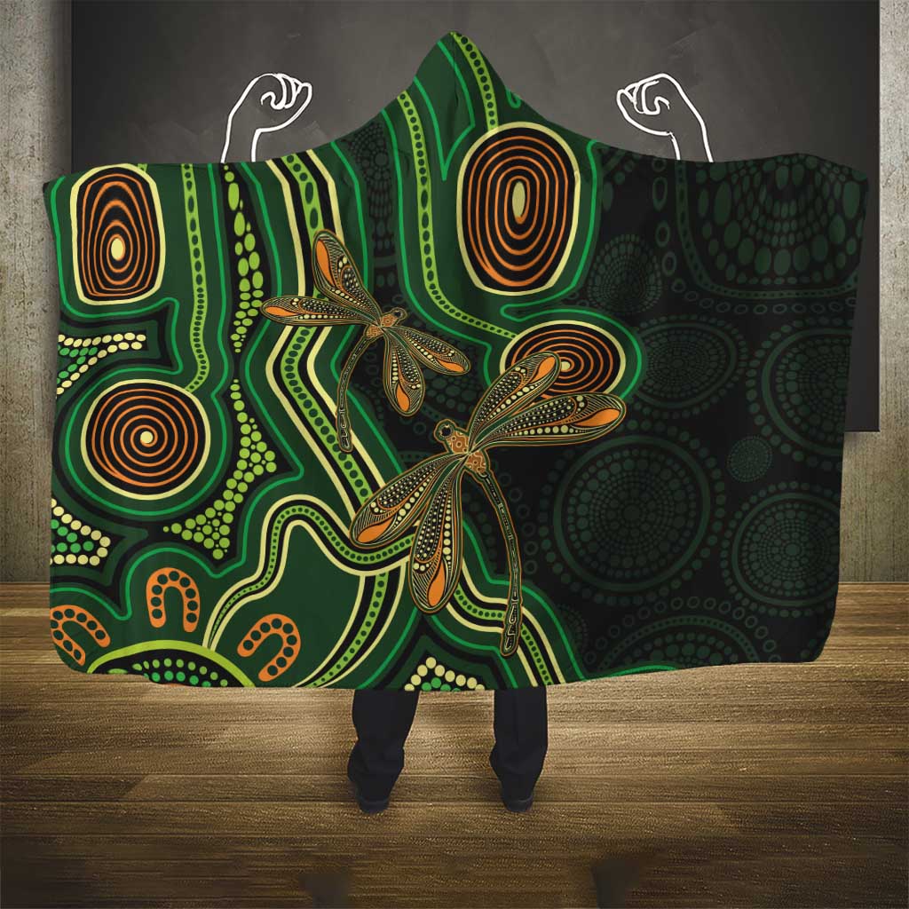 Green Indigenous Dragonfly Australia Hooded Blanket Aboriginal Art - Aussie Hoodie