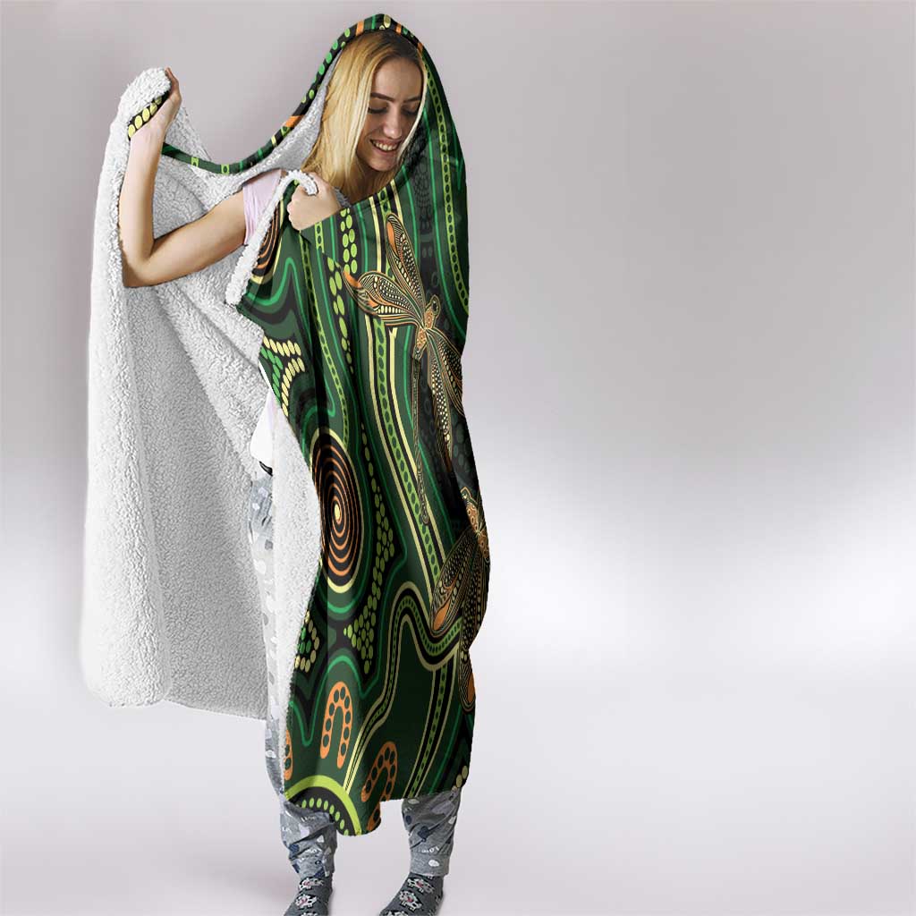 Green Indigenous Dragonfly Australia Hooded Blanket Aboriginal Art - Aussie Hoodie