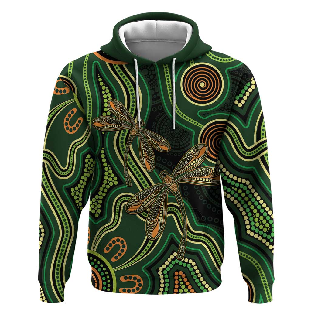 Green Indigenous Dragonfly Australia Hoodie Aboriginal Art - Aussie Hoodie