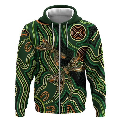 Green Indigenous Dragonfly Australia Hoodie Aboriginal Art - Aussie Hoodie