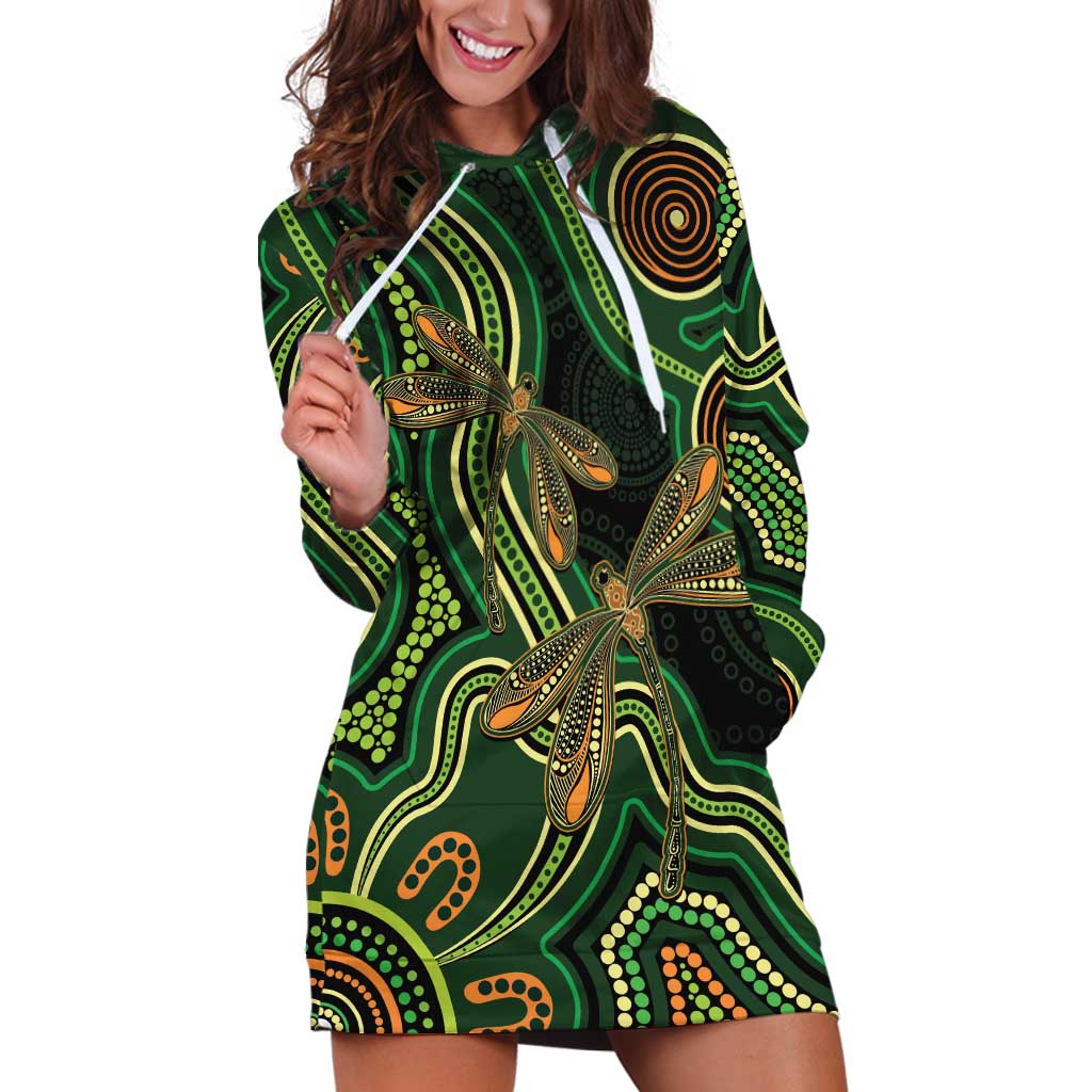 Green Indigenous Dragonfly Australia Hoodie Dress Aboriginal Art - Aussie Hoodie