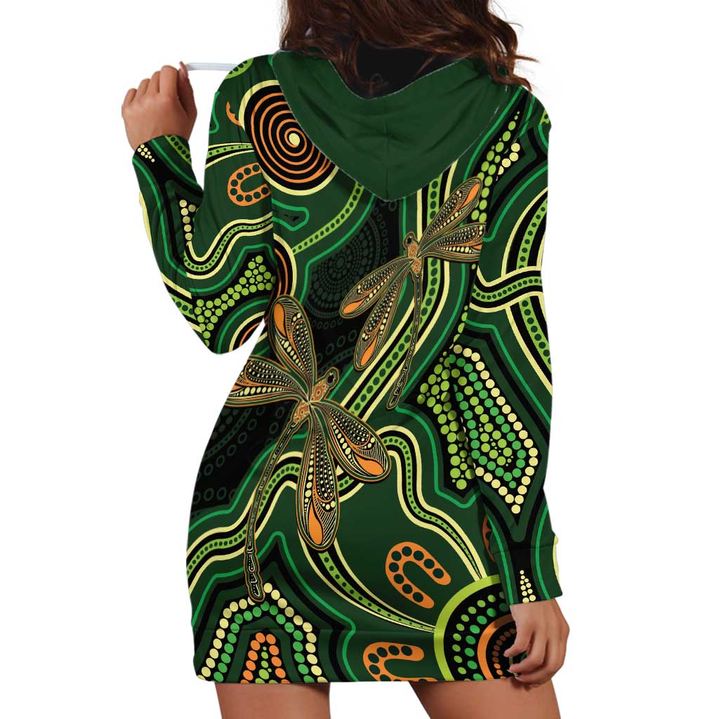 Green Indigenous Dragonfly Australia Hoodie Dress Aboriginal Art - Aussie Hoodie
