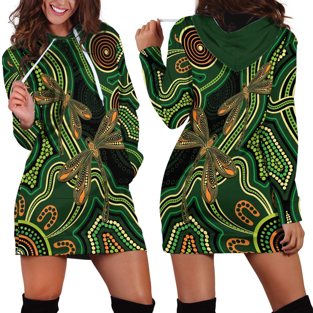 Green Indigenous Dragonfly Australia Hoodie Dress Aboriginal Art - Aussie Hoodie