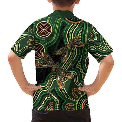 Green Indigenous Dragonfly Australia Kid Hawaiian Shirt Aboriginal Art - Aussie Hoodie