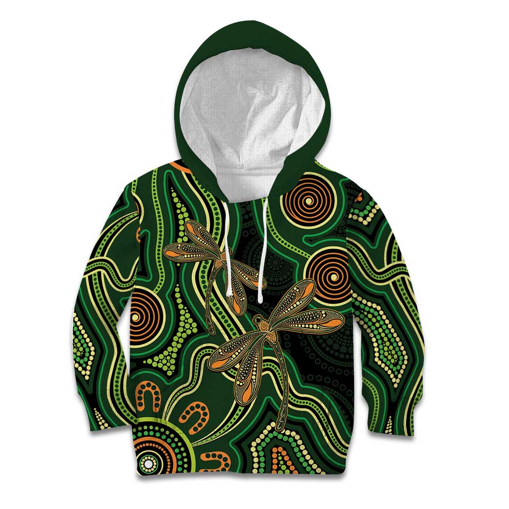 Green Indigenous Dragonfly Australia Kid Hoodie Aboriginal Art - Aussie Hoodie