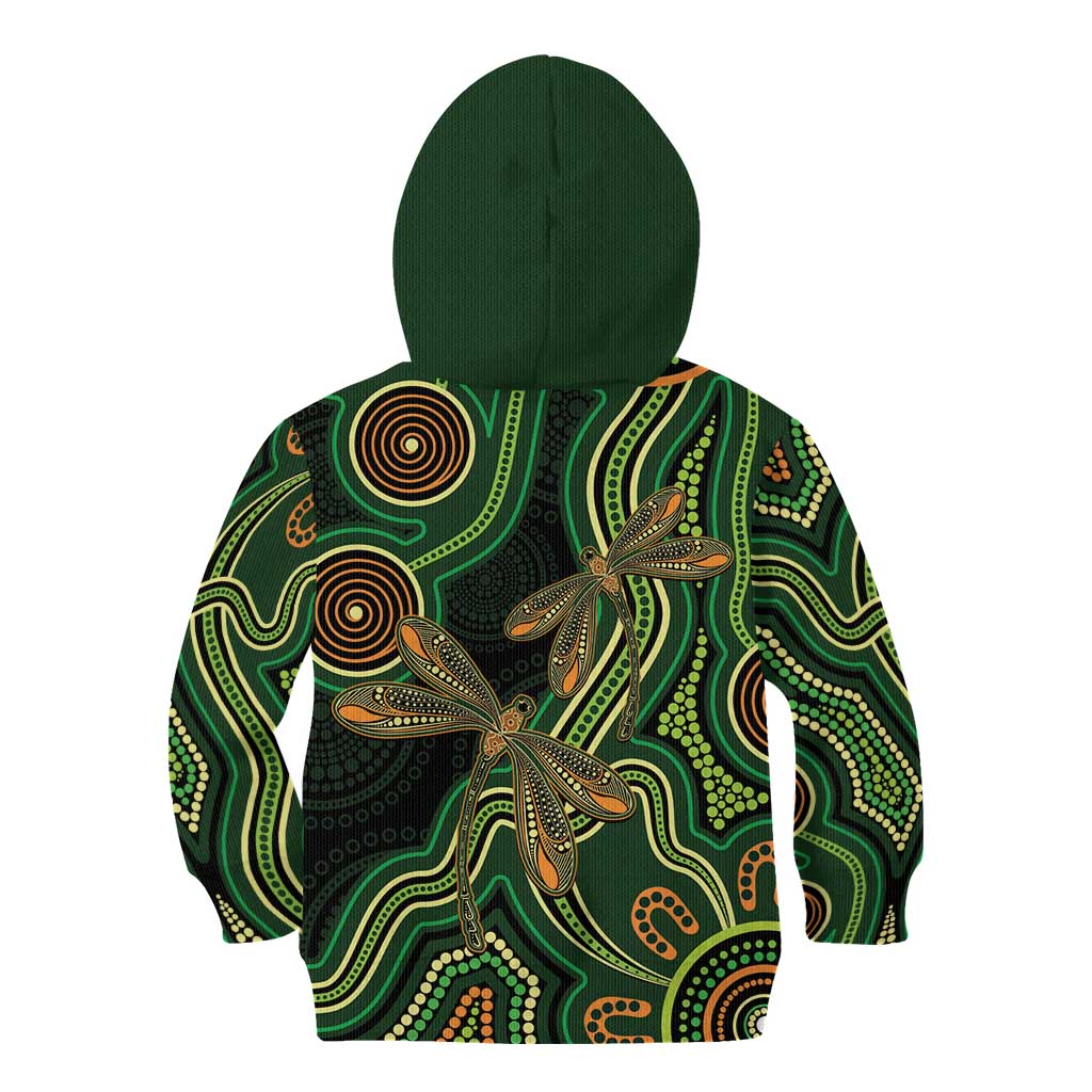 Green Indigenous Dragonfly Australia Kid Hoodie Aboriginal Art - Aussie Hoodie