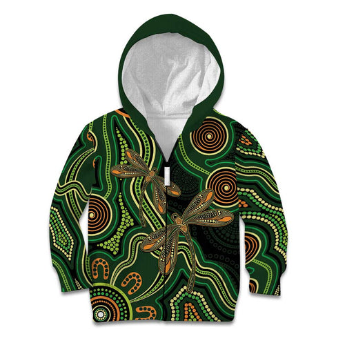 Green Indigenous Dragonfly Australia Kid Hoodie Aboriginal Art - Aussie Hoodie