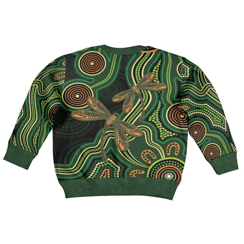 Green Indigenous Dragonfly Australia Kid Ugly Christmas Sweater Aboriginal Art - Aussie Hoodie