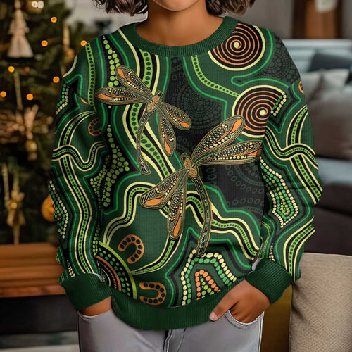 Green Indigenous Dragonfly Australia Kid Ugly Christmas Sweater Aboriginal Art - Aussie Hoodie