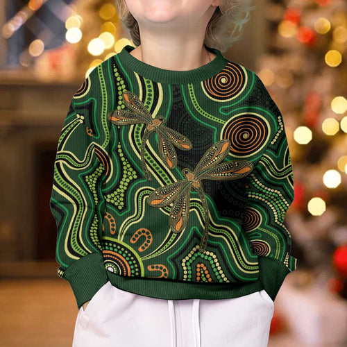 Green Indigenous Dragonfly Australia Kid Ugly Christmas Sweater Aboriginal Art - Aussie Hoodie
