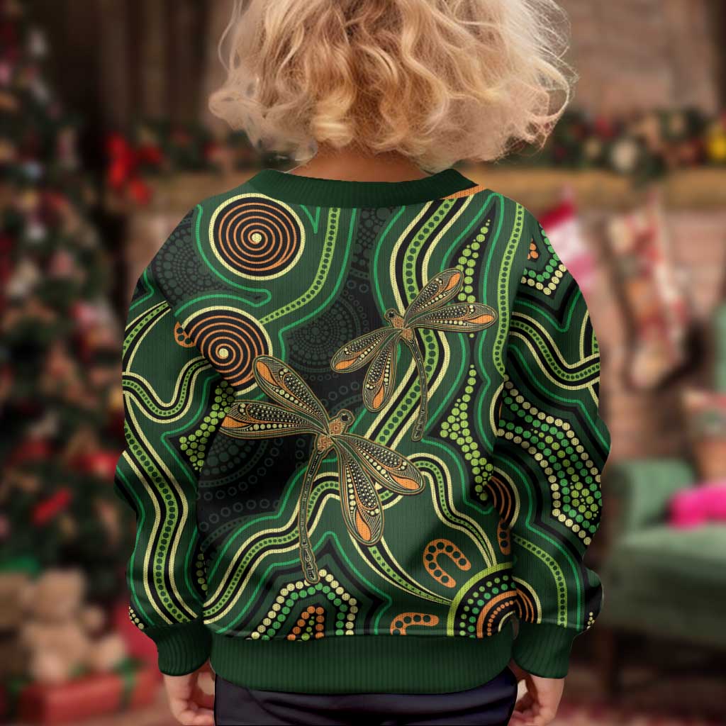 Green Indigenous Dragonfly Australia Kid Ugly Christmas Sweater Aboriginal Art - Aussie Hoodie