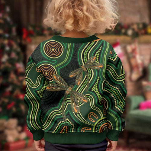Green Indigenous Dragonfly Australia Kid Ugly Christmas Sweater Aboriginal Art - Aussie Hoodie