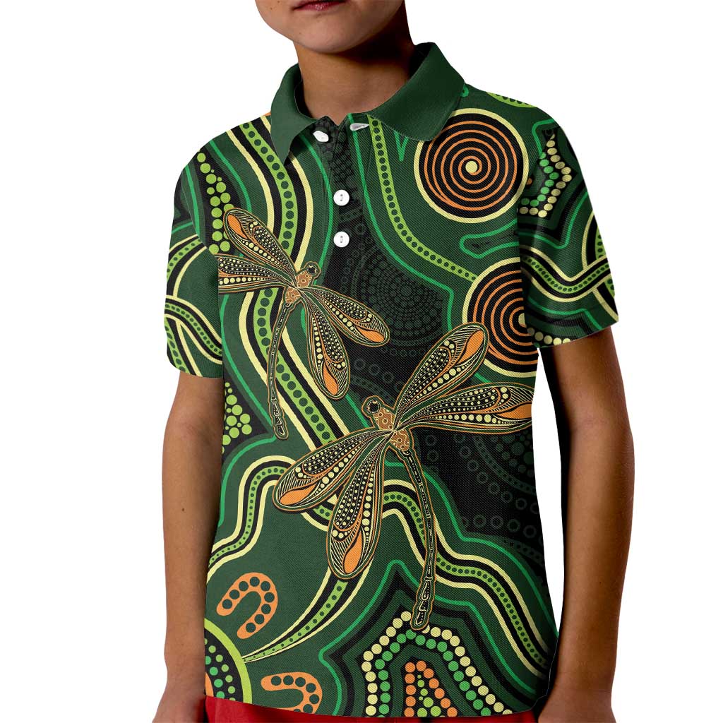 Green Indigenous Dragonfly Australia Kid Polo Shirt Aboriginal Art - Aussie Hoodie