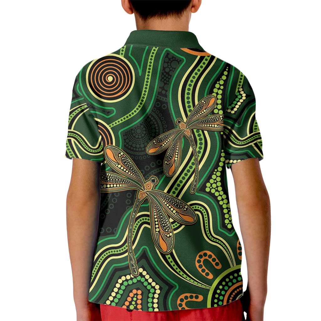 Green Indigenous Dragonfly Australia Kid Polo Shirt Aboriginal Art - Aussie Hoodie