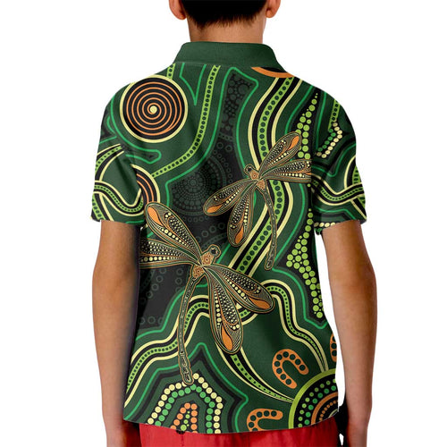 Green Indigenous Dragonfly Australia Kid Polo Shirt Aboriginal Art - Aussie Hoodie