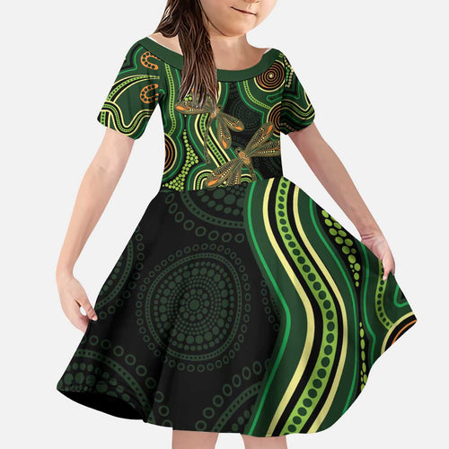 Green Indigenous Dragonfly Australia Kid Short Sleeve Dress Aboriginal Art - Aussie Hoodie