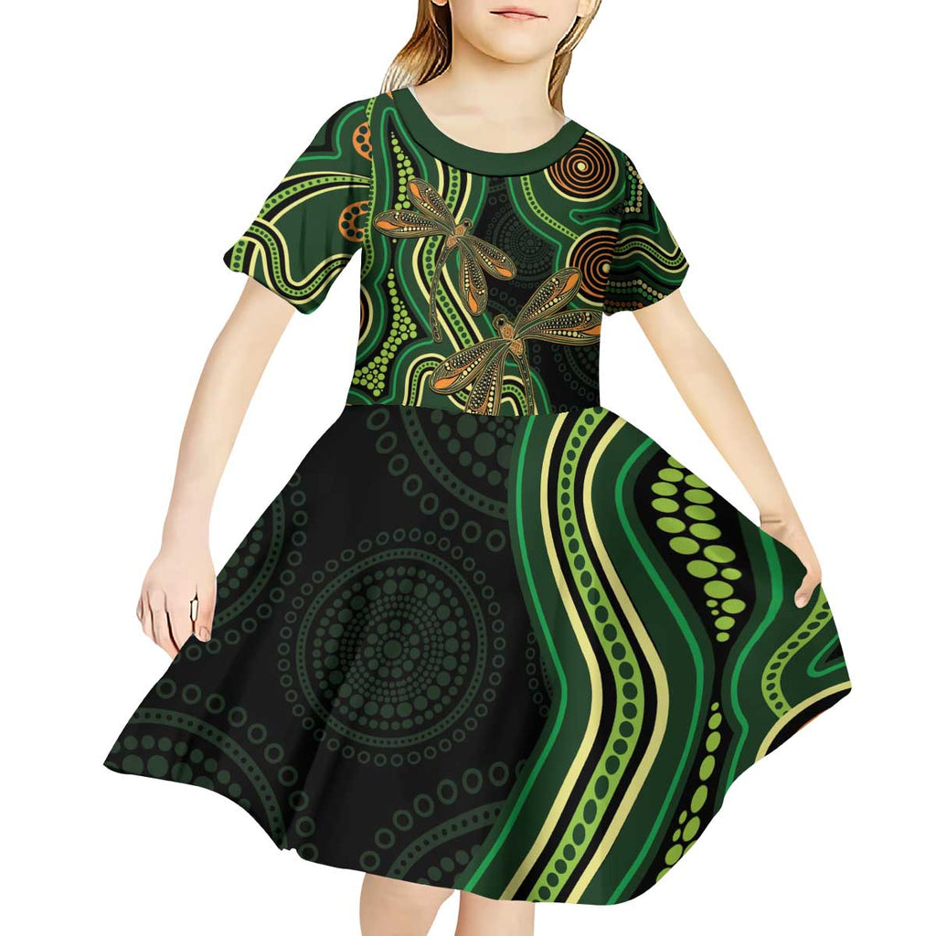 Green Indigenous Dragonfly Australia Kid Short Sleeve Dress Aboriginal Art - Aussie Hoodie