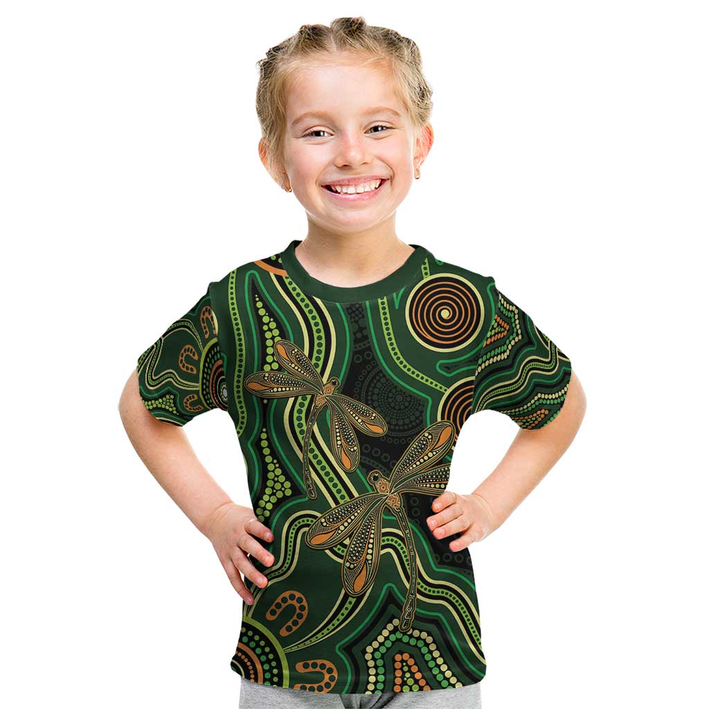 Green Indigenous Dragonfly Australia Kid T Shirt Aboriginal Art - Aussie Hoodie