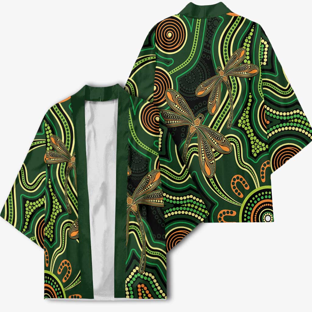 Green Indigenous Dragonfly Australia Kimono Aboriginal Art - Aussie Hoodie