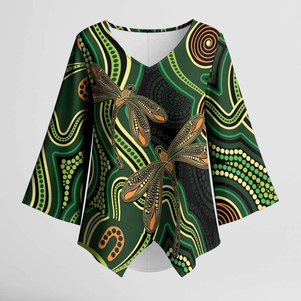 Green Indigenous Dragonfly Australia Kimono Sleeve Blouse Aboriginal Art - Aussie Hoodie