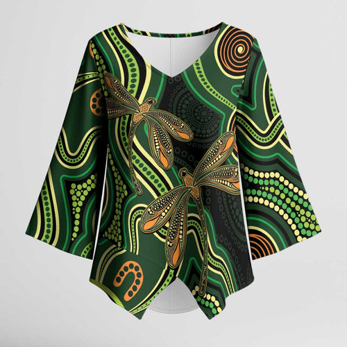 Green Indigenous Dragonfly Australia Kimono Sleeve Blouse Aboriginal Art - Aussie Hoodie