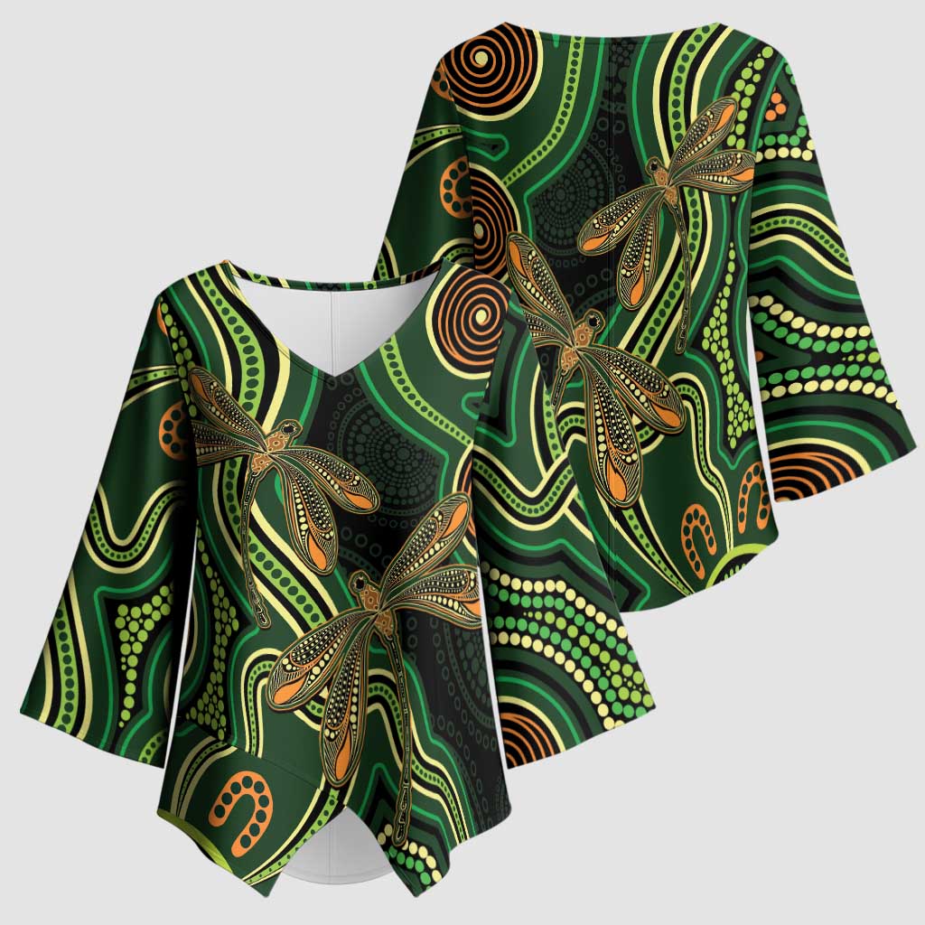 Green Indigenous Dragonfly Australia Kimono Sleeve Blouse Aboriginal Art - Aussie Hoodie