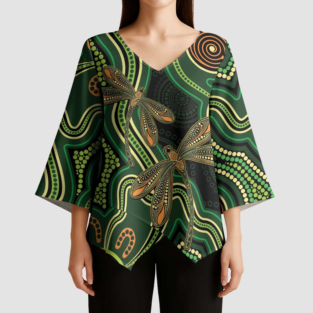 Green Indigenous Dragonfly Australia Kimono Sleeve Blouse Aboriginal Art - Aussie Hoodie