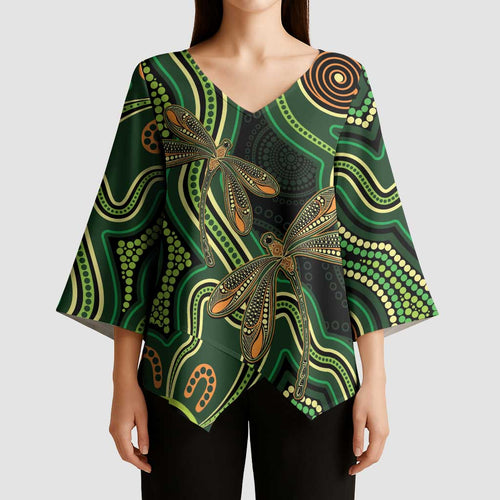 Green Indigenous Dragonfly Australia Kimono Sleeve Blouse Aboriginal Art - Aussie Hoodie