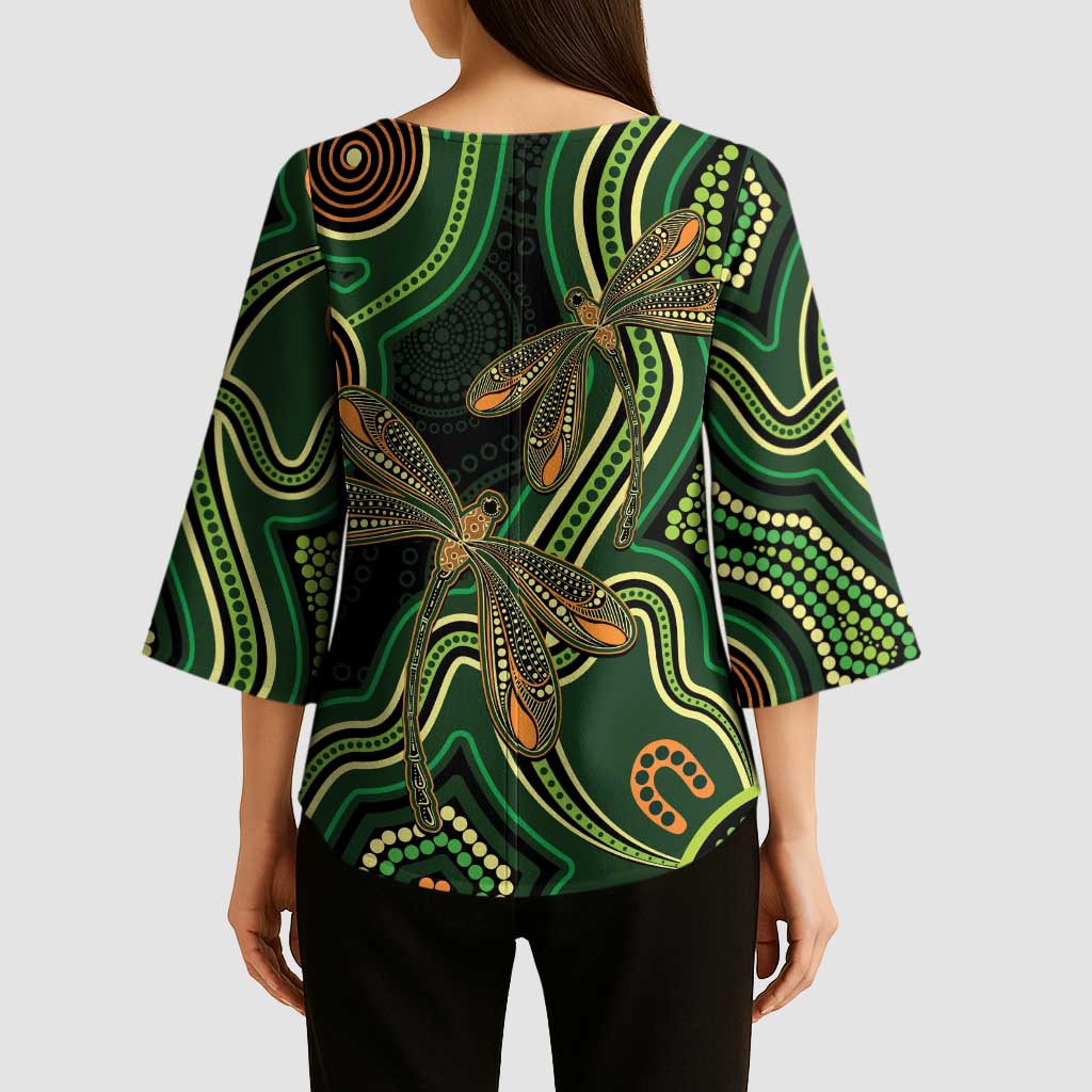 Green Indigenous Dragonfly Australia Kimono Sleeve Blouse Aboriginal Art - Aussie Hoodie