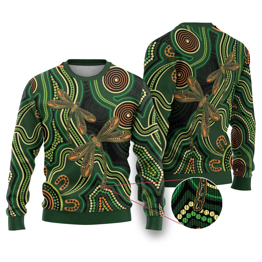 Green Indigenous Dragonfly Australia Ugly Christmas Sweater Aboriginal Art - Aussie Hoodie