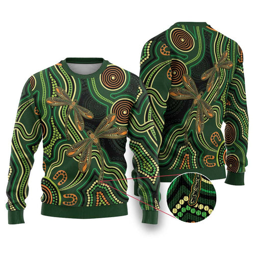 Green Indigenous Dragonfly Australia Ugly Christmas Sweater Aboriginal Art - Aussie Hoodie