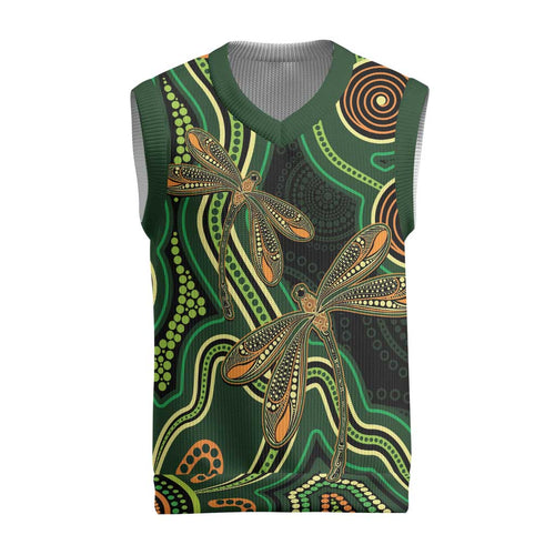 Green Indigenous Dragonfly Australia Christmas Knitted V-Neck Vest Aboriginal Art - Aussie Hoodie