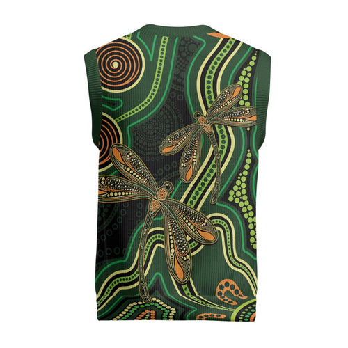 Green Indigenous Dragonfly Australia Christmas Knitted V-Neck Vest Aboriginal Art - Aussie Hoodie