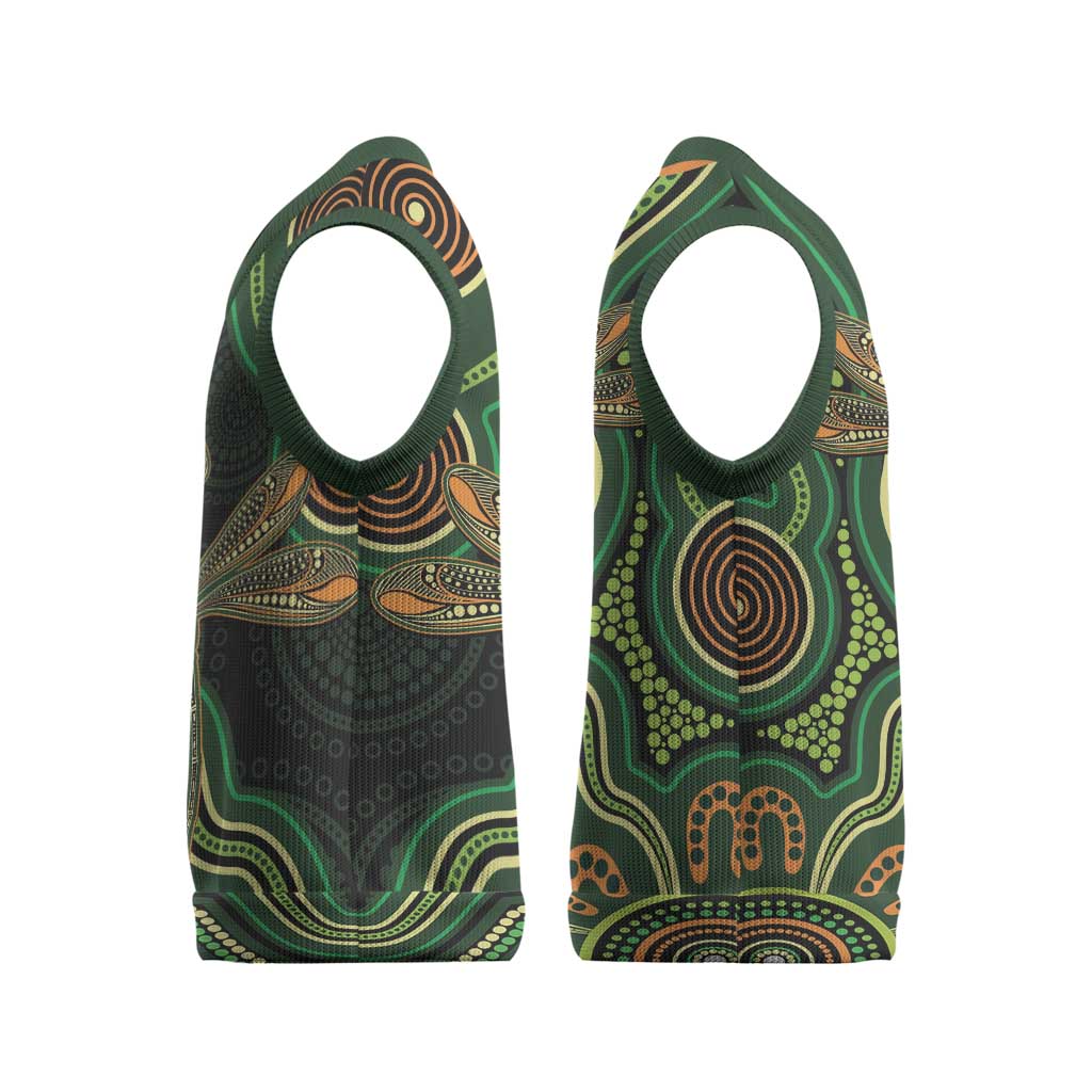 Green Indigenous Dragonfly Australia Christmas Knitted V-Neck Vest Aboriginal Art - Aussie Hoodie