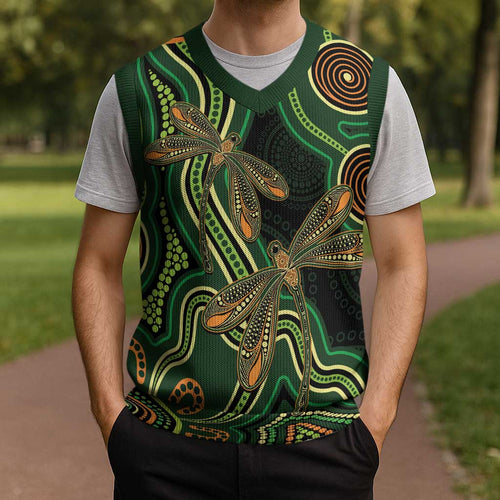 Green Indigenous Dragonfly Australia Christmas Knitted V-Neck Vest Aboriginal Art - Aussie Hoodie