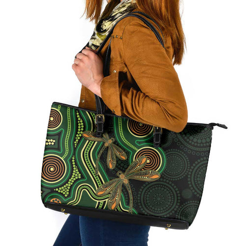 Green Indigenous Dragonfly Australia Leather Tote Bag Aboriginal Art - Aussie Hoodie