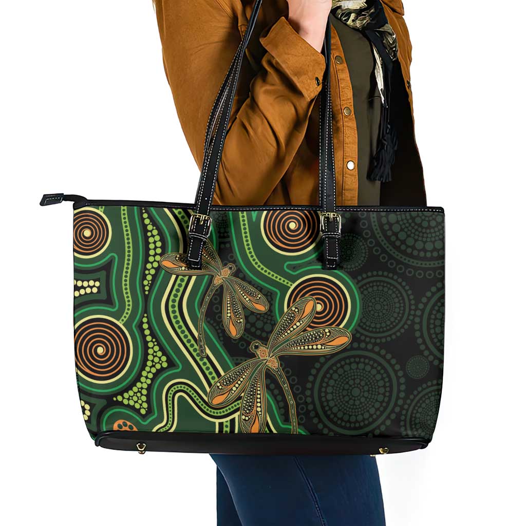 Green Indigenous Dragonfly Australia Leather Tote Bag Aboriginal Art - Aussie Hoodie